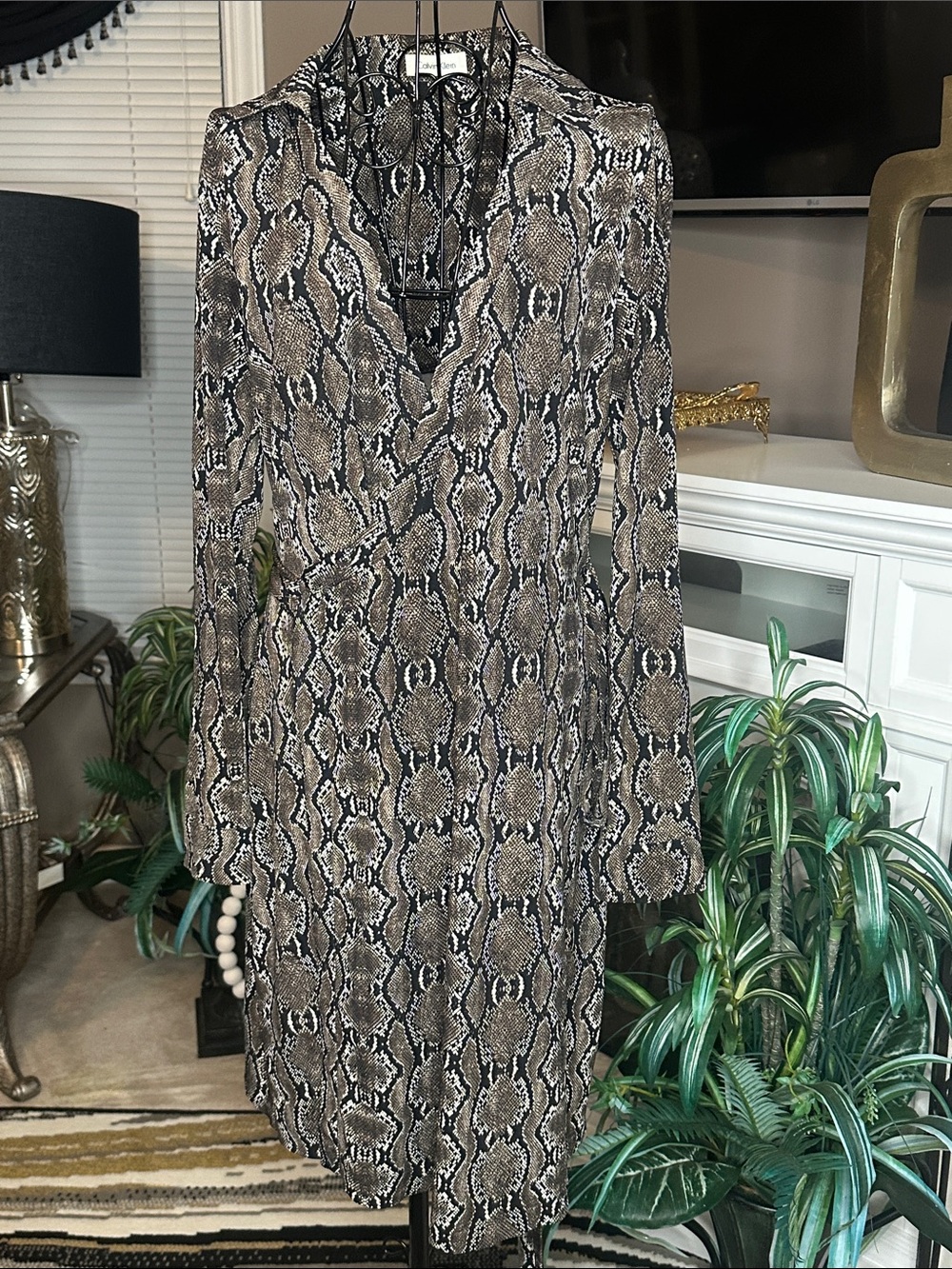 Calvin Klein Taupe and Black Snake Print Wrap Dress